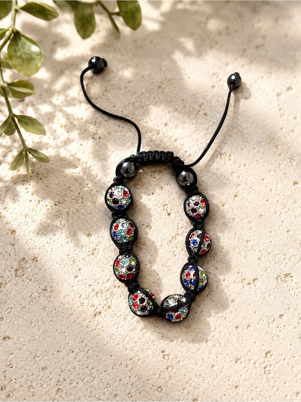 Adjustable Black Cord Multicolor Crystal Bead Bracelet